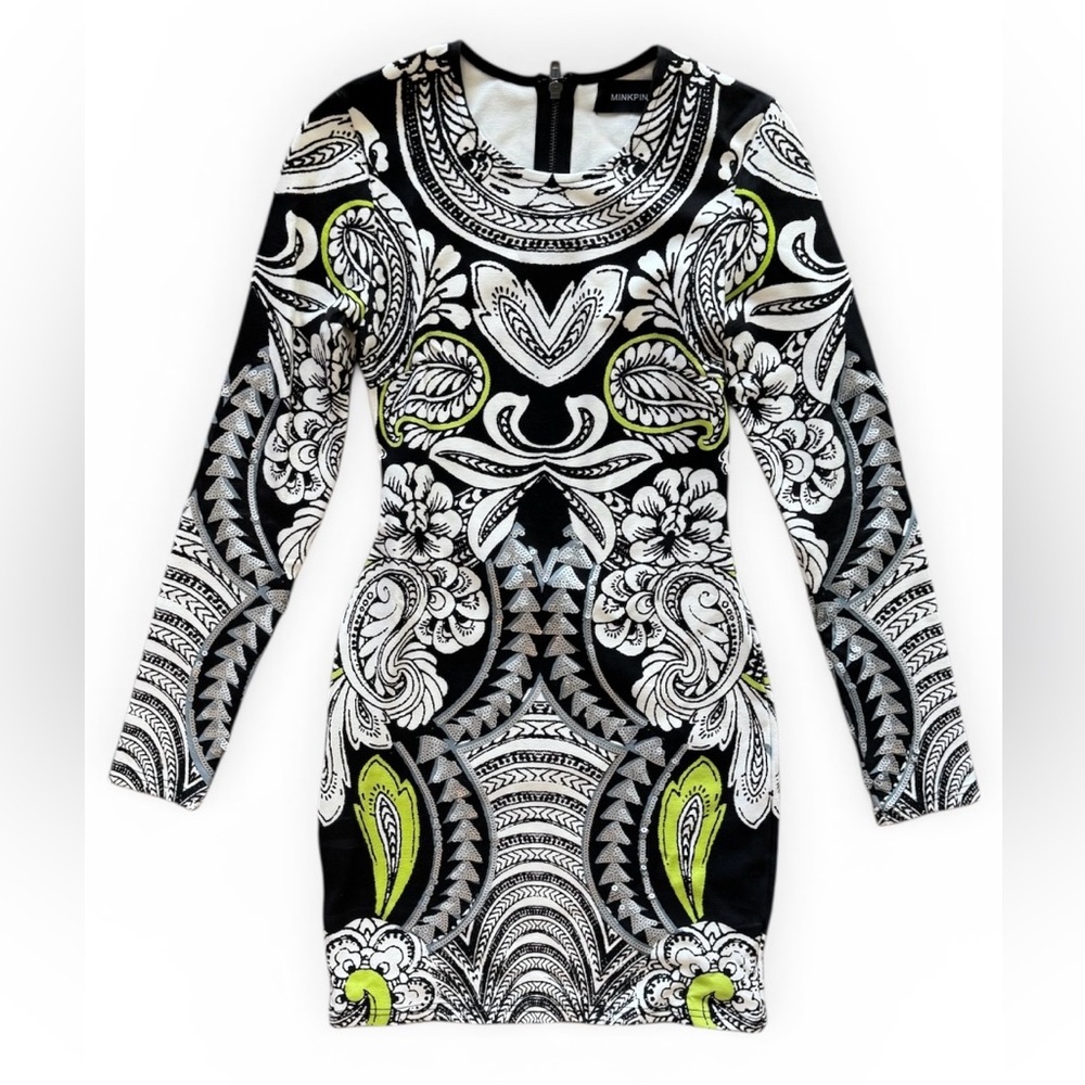 MINKPINK Black, White & Lime Paisley Long Sleeve Bodycon Dress Size XS